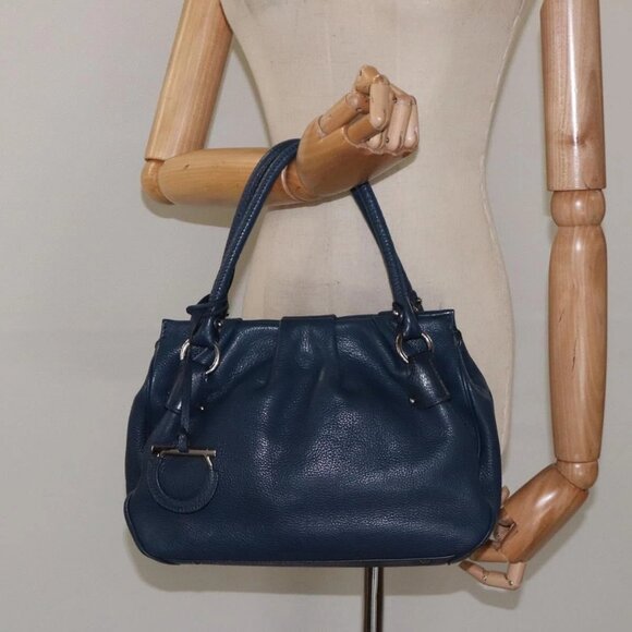 Salvatore Ferragamo Gancini Hand Bag Leather Navy Silver Auth - Picture 1 of 16